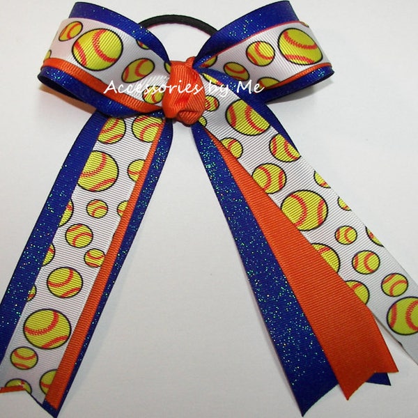 Softball Hair Bow, Gators Ponytail Holder, Orange Royal Blue Glitter Softball Bows, Team Spirit Cheap Bow, Glittery Florida Softball Hairbow