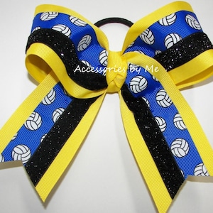 Volleyball Bows, Volleyball Blue Bow, Volleyball Royal Yellow Black Glitter Clip, Volley Balls Ribbon, Bulk Volley Ball Bows, Bulk Camp Bows