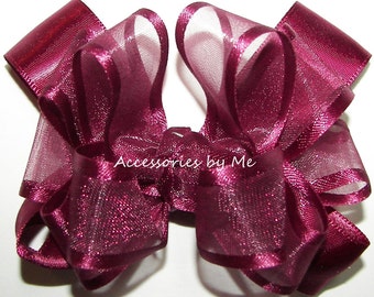 Girls Wine Hair Bow, Wine Bow Clip, Burgundy Red Wine Bow Barrette, Wine Organza Satin Trim Ribbon Bow Barrette, Wine Flower Girls Hair Bows