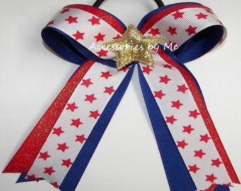 Gold Star Red White Blue Ponytail Bow, USA Patriotic Glitter Ribbons