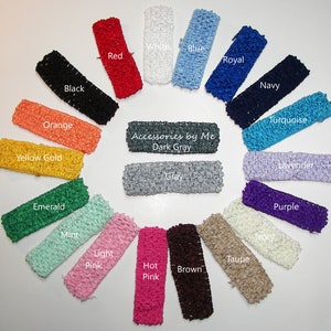May include: A collection of colorful, textured headbands in various shades, including black, red, white, blue, orange, yellow gold, emerald, mint, light pink, hot pink, brown, ivory, taupe, and purple. The text "Accessories by Me Dark Gray" is also visible.