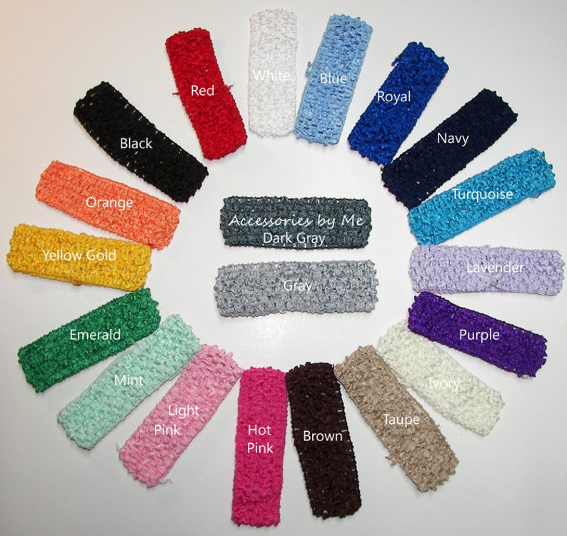 May include: A collection of colorful, textured headbands in various shades, including black, red, white, blue, orange, yellow gold, emerald, mint, light pink, hot pink, brown, ivory, taupe, and purple. The text "Accessories by Me Dark Gray" is also visible.