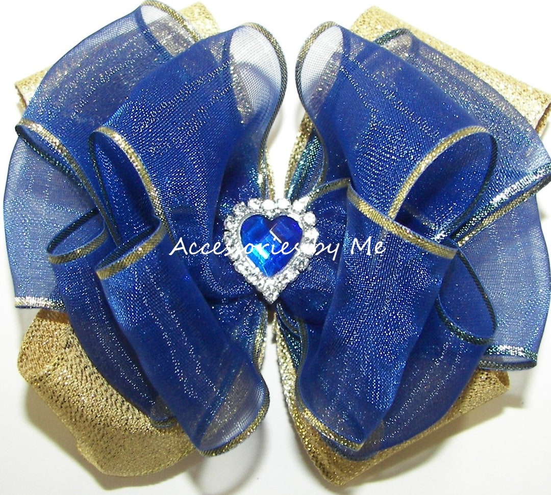 Glitzy Royal Blue Hair Bow Royal Blue Gold Clip Heart Etsy