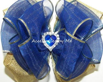 Glitzy Royal Blue Hair Bow, Royal Blue Gold Clip, Heart Rhinestone Blue Gold Organza Clip, Flower Girls Cobalt Bow, Cinderella Dress up Bows