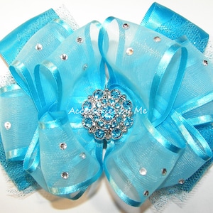 Glitzy Turquoise Bow, Turquoise Tutu Clip, Turquoise Blue Organza Satin Tulle Bow Hair Barrette, Sparkly Turquoise Embellished Pageant Bows