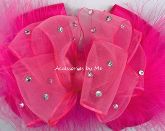 Neon Pink Marabou Hair Bow, Pageant Organza Feather Clip, Custom Boutique Accessories