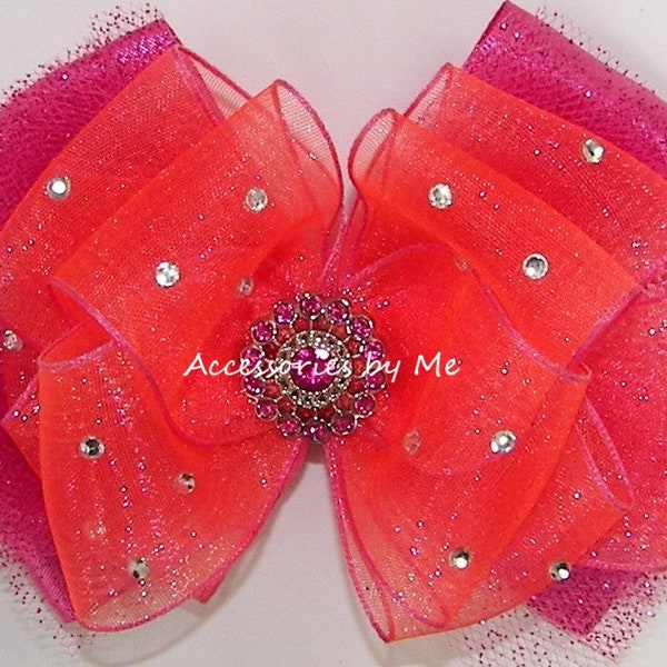 Glitz Pageant Hair Bow, Glitzy Neon Coral Shocking Pink Tutu Clip, Girls Embellished Neon Coral Shocking Pink Tutu Bow, Pageant Cupcake Clip