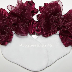 Frilly Bow Socks, Baby Wine Ruffle Bow Socks, Infant Red Ruffles Socks, Dressy Pageant Socks, Flower Girls Socks, 1st Birthday Sneaker Socks