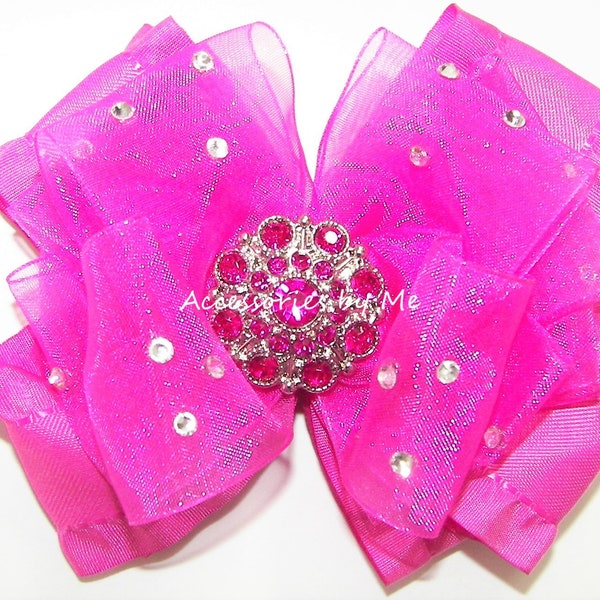 Glitzy Fuchsia Pink Ruffle Bow, Pageant Fuchsia Hair Bow, Fuchsia Pink Organza Ruffle Hair Bow, Bright Hot Pink Bow, Cupcake Dress Pink  Bow