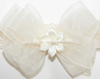Infant Ivory Lace Headband, Chiffon Ribbon, Applique Satin Pearl Bow, New Baby Girl, Baptism Gift