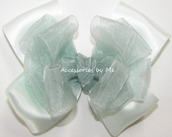 Seafoam Hair Bow, Seafoam Green Hair Clip, Seafoam Organza Satin Hair Bow, Toddler Seafoam Green Organza Satin Clips, Flower Girls Mint Bows