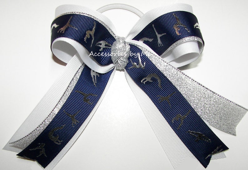 Gymnastics Navy White Hair Bow, Gymnastics Navy White Silver Hair Ribbons, Gymnast Navy Blue Hair Ribbons, Gymnastics Leo Blue Hair Bow, Girls Gymnastic Hair Bows, Gymnastics Ponytail Holder Bow, Gymnastic Ponytail Elastics, Bulk Gymnastics Hair Bows