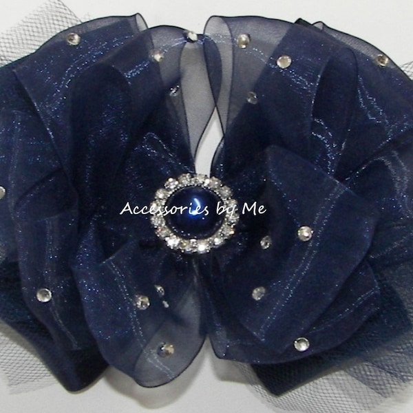 Glitzernde Navy Haarschleife, Navy Blau Tutu Clip, Festzug Navy Blau Organza Satin Tüll Bogen Haarspange, Blumen Mädchen Clip, Over the Top Navy Bow