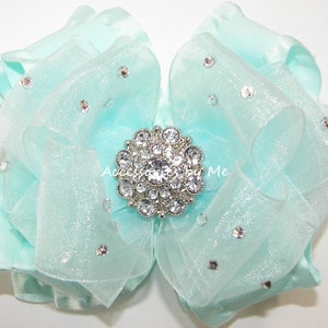 Glitzy Aqua Hair Bow, Pageant Aqua Hair Bow, Glitz Aqua Organza Ruffle Hair Bow, Over the Top Aqua Hair Clip, 1st Birthday Princess Aqua Bow