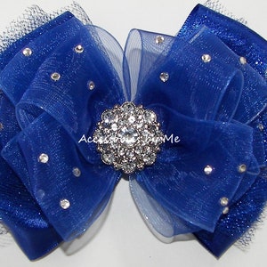 Glitzy Blue Hair Bow, Royal Blue Tutu Bow, Royal Blue Organza Satin Tulle Bow Headband, Sparkly Pageant Cobalt Clip, Flower Girls Royal Bows