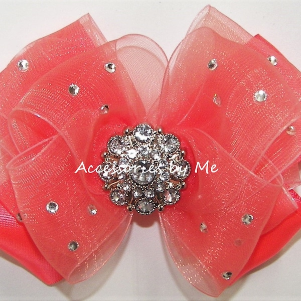 Glitzy Neon Coral Bow, Pageant Neon Coral Hair Clip, Glitzy Neon Coral Organza Satin Hair Bow, Rhinestones Bright Neon Coral Orange Hair Bow