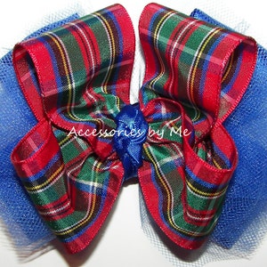 Plaid Hair Bow, Christmas Plaid Clip, Scottish Red Green Blue Royal Hair Bow, Flower Girls Scottish Clan Tartan Barrette, Scottish Plaid Bow