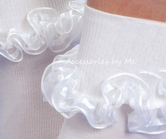 White Frilled Lace Baby Socks with White And Silver Ribbon Trim size Newborn 