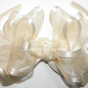 Ivory Flower Girls Hair Bow, Ivory Organza Satin Bow, Ivory Church Bow Clips, Wedding Hair Bow, Baby Ivory Bow Clip, Toddler Flower Girls Ivory Hair Bow, Dressy Ivory Satin Bow Barrette, Baby Girls Ivory Hair Bow, Beige Hair Bows, Dressy Birthday Bow