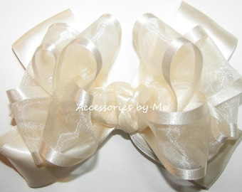 Girls Ivory Hair Bow, Light Ivory Clip, Ivory Organza Satin Bow, Ivory Church Wedding Hair Bow, Light Ivory Hair Bow, Choose Your  Bow Size