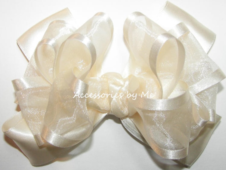 Ivory Flower Girls Hair Bow, Ivory Organza Satin Bow, Ivory Church Bow Clips, Wedding Hair Bow, Baby Ivory Bow Clip, Toddler Flower Girls Ivory Hair Bow, Dressy Ivory Satin Bow Barrette, Baby Girls Ivory Hair Bow, Beige Hair Bows, Dressy Birthday Bow