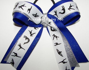 Gymnastics Royal Blue Silver Metallic Bow, Glitter Ribbon Color Choice