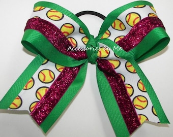 Softball Glitter Hair Bow, Kelly Green Hot Pink Team Clip, School Accessory