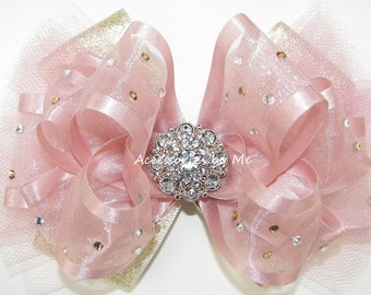 High Glitz Pageant Bow, Sparkly Rose Gold Clip, Blush Pink Gold Organza Rhinestones Clip, Baby Tutu Hair Bow, Sparkly 1st Birthday Hair Bows