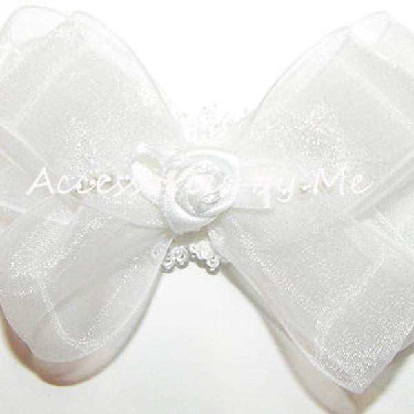 Baptism Headband, White Bow Lace Band, White Organza Rose Pearls Bow Head Band, Christening Blessing Ivory Bow Lace Band, Newborn Bow Band