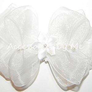 Infant Headband, Baptism White Bow Lace Headband, White Organza Pearls Satin Bow Lace Band, Newborn Bow Headband, New Baby Girls Gifts by Me