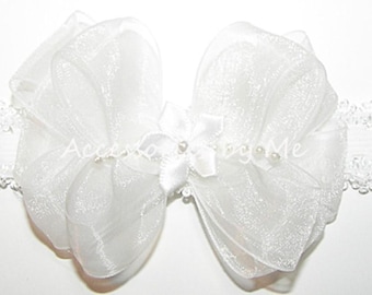 Infant Headband, Baptism White Bow Lace Headband, White Organza Pearls Satin Bow Lace Band, Newborn Bow Headband, New Baby Girls Gifts by Me