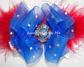 Glitzy Patriotic Hair Bow, Pageant Patriotic Clip, Red White Blue Organza Satin Marabou Bow Barrette, Over the Top Embellished Pageant Clips