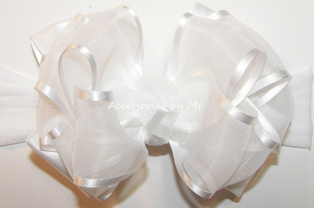 White Hair Bow, Girls White Bow, White Organza Satin Ribbon Clip, White