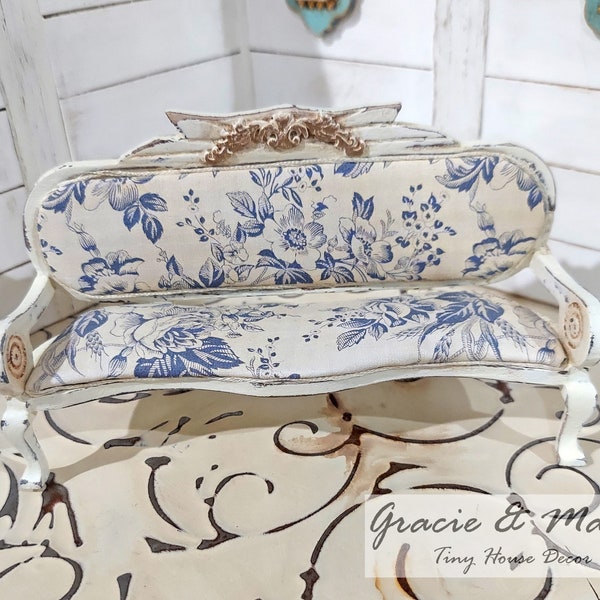 1:12 miniature - European - French blue and white antiqued settee - reinvented vintage piece