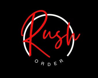 May include: A logo design featuring the word "Rush" in red script, overlaying a white circle, with the word "ORDER" in a smaller, sans-serif font below. The background is solid black.