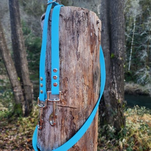 以下が含まれることがあります： 銀色のクリップと金属製のアクセントが付いた青いダブルドッグリード。リードは木の柱に巻き付けられています。