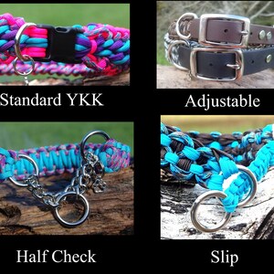 Pu&ograve; includere: Quattro tipi diversi di collari per cani: un collare standard YKK con un design in paracord rosa e blu, un collare regolabile con una fibbia in pelle marrone, un collare a mezzo controllo con un design in paracord blu e viola e un collare a scorrimento con un design in paracord blu e nero.