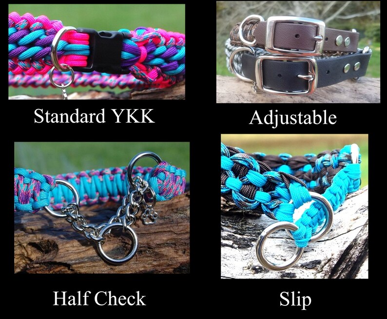 Pu&ograve; includere: Quattro tipi diversi di collari per cani: un collare standard YKK con un design in paracord rosa e blu, un collare regolabile con una fibbia in pelle marrone, un collare a mezzo controllo con un design in paracord blu e viola e un collare a scorrimento con un design in paracord blu e nero.