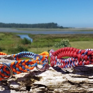 Pu&ograve; includere: Due collari per cani colorati realizzati in paracord intrecciato con anelli a D in metallo argentato. I collari sono arancioni e blu, e rosso e bianco.