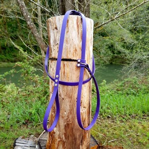 May include: A purple harness constructed from smooth, flexible material featuring adjustable straps, silver-toned metal rivets, and a central metal ring connector, designed with a continuous loop configuration for secure attachment.