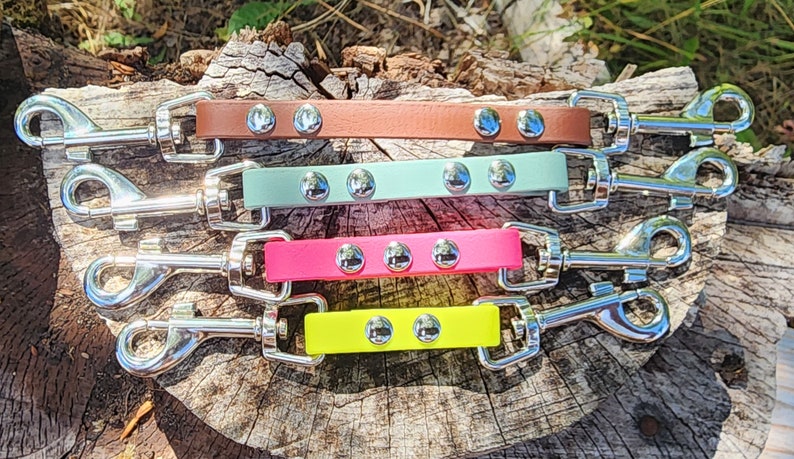 May include: Four dog leashes with silver clasps. The leashes are brown, light green, pink, and yellow.