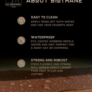 May include: A graphic with the text "ABOUT BIOTHANE" and three icons describing the material's properties: easy to clean, waterproof, and strong and robust. The text below each icon describes the properties in more detail. The background is black.
