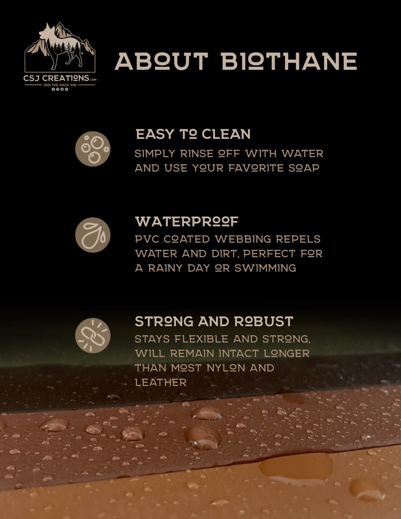 May include: A graphic with the text "ABOUT BIOTHANE" and three icons describing the material's properties: easy to clean, waterproof, and strong and robust. The text below each icon describes the properties in more detail. The background is black.