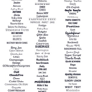 May include: A black and white graphic with a list of names, many of which are in all caps. The names are arranged in columns, with each column having a different theme. Some of the themes include: "Mountains of Christmas", "New Holiday", "Old English", "Party Confetti", "Rosewood Fill", "Silver Northern", and "West Test".