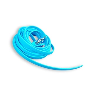 May include: A bright cyan long leash coiled into a circular shape, featuring a smooth, flat strap design and a metallic silver-toned swivel snap hook attached at the center, providing a flexible and durable lead for various animal handling needs.