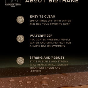 May include: A graphic with the text "ABOUT BIOTHANE" and three icons describing the material's properties: easy to clean, waterproof, and strong and robust. The text below each icon describes the properties in more detail. The background is black.