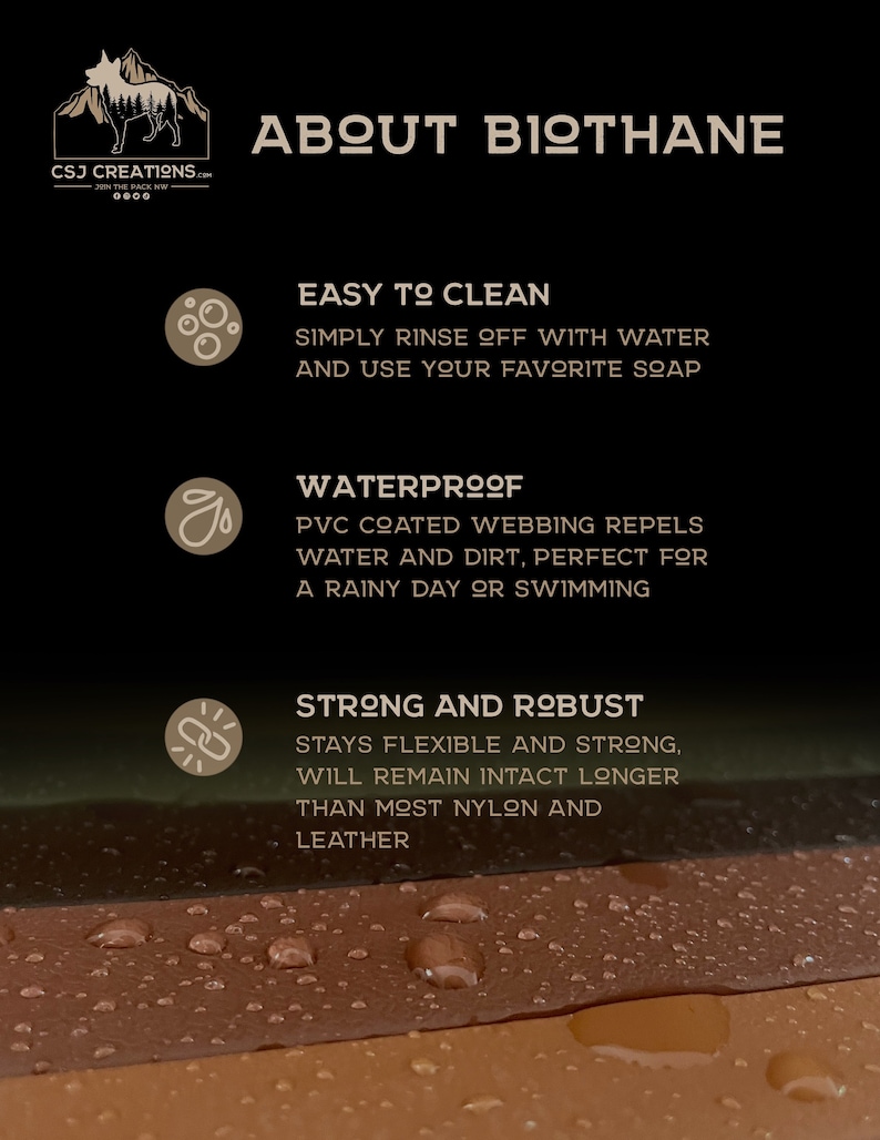 May include: A graphic with the text "ABOUT BIOTHANE" and three icons describing the material's properties: easy to clean, waterproof, and strong and robust. The text below each icon describes the properties in more detail. The background is black.