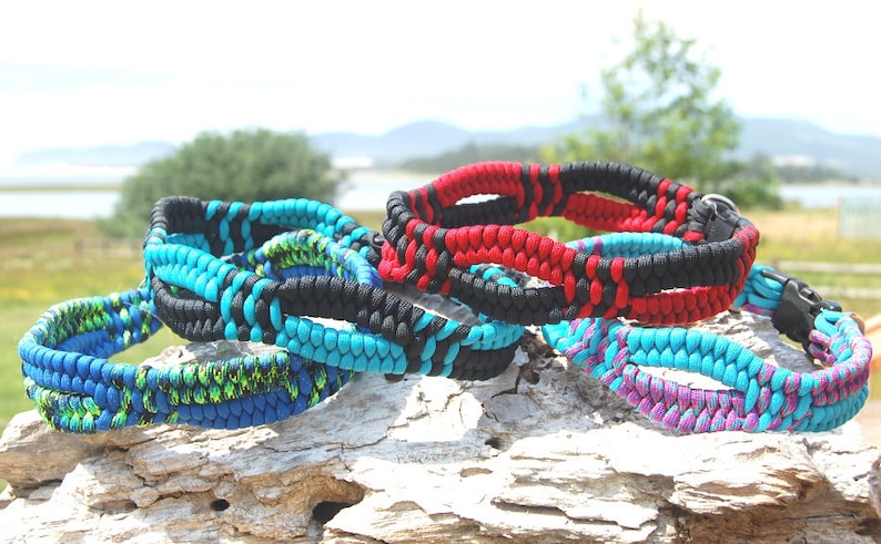 Pu&ograve; includere: Quattro collari per cani intrecciati colorati con accenti neri. I collari sono realizzati in paracord e presentano una variet&agrave; di colori, tra cui rosso, blu, verde e viola.