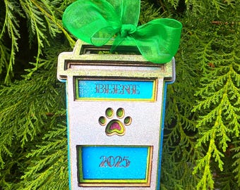 Coffee and Dogs Ornament, Personalized With Your Companion's Name, Hand Painted With Mica Powders and Holographic Glitter