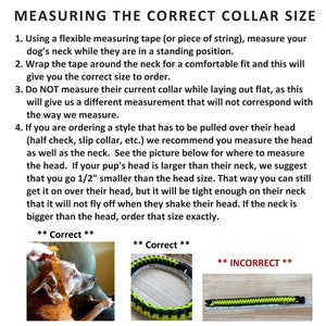 Pu&ograve; includere: Diagramma che mostra il modo corretto e sbagliato di misurare il collo di un cane per un collare. Il modo corretto &egrave; misurare il collo mentre il cane &egrave; in piedi, e il modo sbagliato &egrave; misurare il collare mentre &egrave; disteso. Il diagramma include anche del testo che spiega l'importanza di misurare la testa per i collari che devono essere tirati sopra la testa.